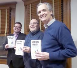 Steven Teague, TriVersity president; Adrian Shanker, editor of Bodies and Barriers; and Milford Mayor Sean Strub, who wrote Chapter 18, Challenging HIV Stigma