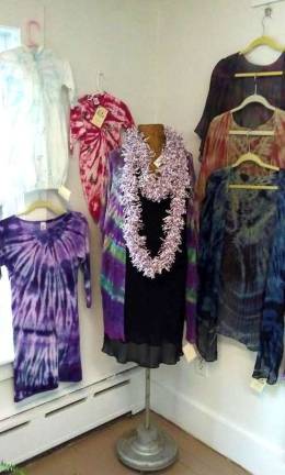 Retired art teacher Adrienne Butvinik's tie-dyed Catmaid Clothing is featured as part of the Milford Craft Show