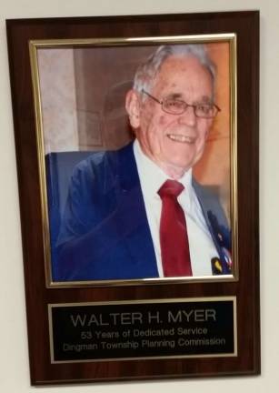 Walter Myer leaves after 53 years on planning commission This plaque honoring Walter Myer will be displayed in the township building (Photo by Anya Tikka)