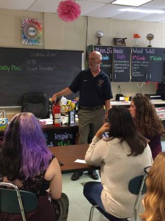 Put fire safety first Bill Koferl, president of the Westfall Volunteer Fire Department, speaks to Mrs. Peters' Family and Consumer Science (FACS) class at DVHS (Photo provided)