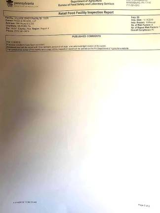 Page 2 of the Nov. 14 inspection report showing there are no violations at the Village Diner