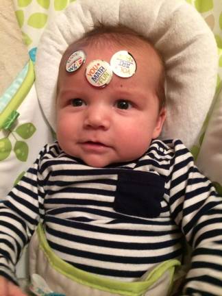 Oh Baby, it's Spring! Baby Photo Contest Photo, Danielle Slocum of Monroe Parker at 3 months. "Big sister gave her brother 3 stickers for being good."