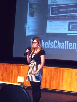 Challenging students to share kindness Rachel's Club advisor Danielle Giordano addresses the audience after the presentation. She can be reached in Room C20, and at giordanod@dvsd.org.