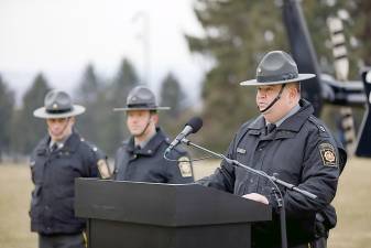 Pennsylvania State Police Capt. Gary Vogue, director of the Special Service Division of the Pennsylvania State Police Bureau of Emergency and Special Operations, speaks during a press conference at the Pennsylvania State Police Academy in Hershey.