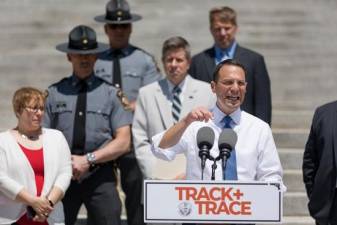Pennsylvania Attorney General Josh Shapiro speaks during a press conference about a new partnership to implement the Office of Attorney General’s Track + Trace Initiative on the steps of the capitol on July 25.