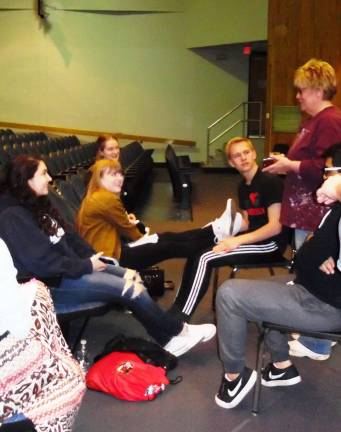 Curtain soon to go up on 'Fiddler' Molly Scollo, Alyssa Mancuso, Megan Krause, Kris Tjornhom, and David Torres listen to Director Kim Golden (Photo by Anya Tikka)
