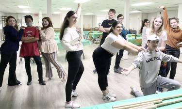 Cast members rehearse their dance moves for the Presby Players performance of “Reel Love, ” a cabaret of love songs from favorite movies, old and new, set for Friday, Saturday and Sunday, Feb 10, 11 and 12, at Marsh Hall in Port Jervis. Photo by Linda Fields.