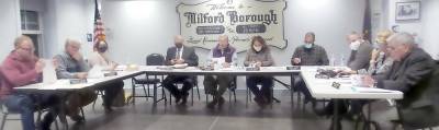 George Lutfy, Pete Cooney, Laurie DeGeso (secretary), Anthony Magnotta (solicitor), Frank Tarquinio (president), Adriana Wendell (vice president), Rob Ciervo (president pro tem), Joseph Dooley, Maria Farrell, and Gregory Meyer (treasurer) during the Nov. 16 Milford Borough Council meeting. (Photo by Frances Ruth Harris)