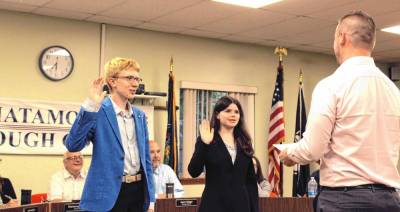 Delaware Valley High School freshmen Nathaniel Carso and Shannon O’Leary are sworn in as junior councilmembers.
