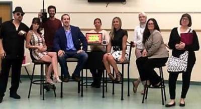 The cast of “Talk About a Murder (from left): Steven Wollman, Terasa Tarquini, Steven Tarquini, JP Sybrandy, Jennifer Stangl, Mandy Librizzi, Donna Frable, Rebecca Asostol, and Beth Callen. Not pictured but also in the play are Anthony Houston and Al Frable.