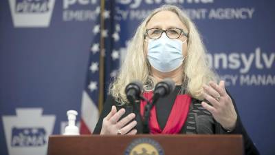 Dr. Rachel Levine speaks to the press last month as Pennsylvania Secretary of Health. (Photo provided)
