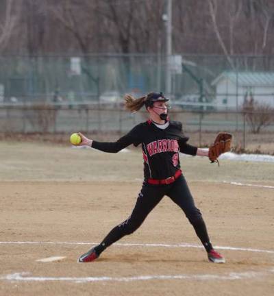 Delaware Valley Warriors suffer season opener loss in baseball and softball Delaware Valley pitcher MacKenna Powell.