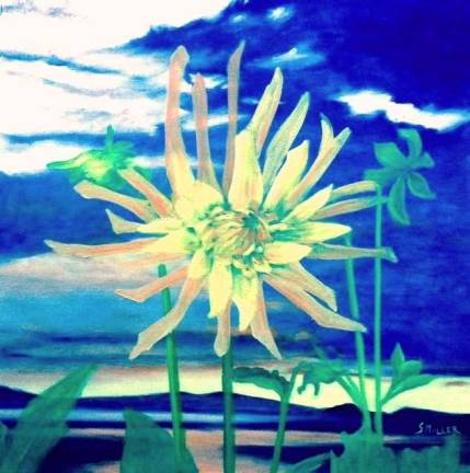 Art on display around Port Jervis Susan Miiller, Dahlia with Sunset, oil on canvas.