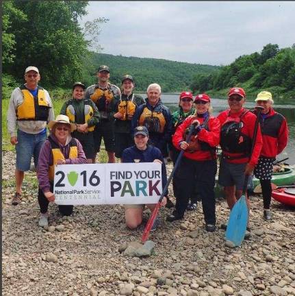 Celebrate Independence Day with 100-mile paddle Centennial River Ambassador Bob Hare, co-ambassadors Jeff and Linda Dexter, members of the National Canoe Safety Patrol and park staff on the second leg of the 100-mile paddle from Long Eddy, N.Y., to Lordville, N.Y., on Saturday, June 11. (Photo: National Park Service)