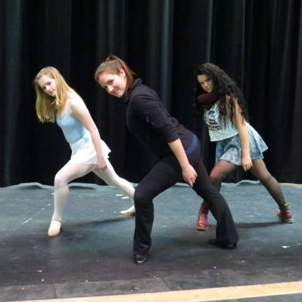 'Pippin' brings Charlemagne's court to the DV stage Dancers Megan Kraus, Mikaela Edelman (as the Leading Player), and Cait Zuckerman (as Catherine), practice their Bob Fosse choreography. (Photo provided)