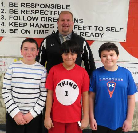 Celebrating Students of the Month Fifth Grade Students of the Month: Christian Galimi, Jay Chamorro, John Michael Zirpoli with DVES Principal Aaron Weston.