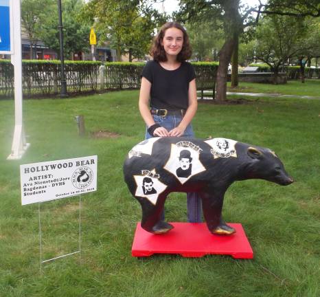 Ava Nienstadt with &quot;Hollywood Bear,&quot; which she co-created with More Bogdonas. Both are Delaware Valley High School students (Photo by Frances Ruth Harris)