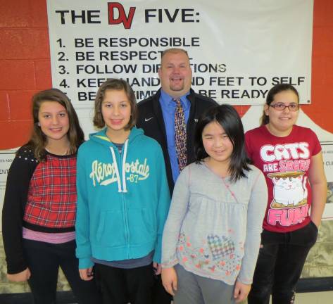 Top kids for January Fifth Grade Students of the Month: Kadence Markwalter, Riley Markwalter, Ellen Duan and Isabelle Kanet with DVES Principal Aaron Weston.