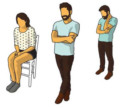 Power posing: Fake it 'til you make it Low-power poses: People who assumed closed poses like these had an increase in a stress hormone and received lower marks in job interviews.