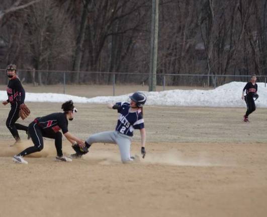 Delaware Valley Warriors suffer season opener loss in baseball and softball A tag is too late at second base.
