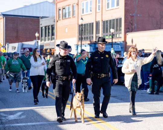 Orange County Sheriff Paul Arteta and Deputy Muller and his K-9 Maverick at the Port Jervis Sr. Patrick’s Day Parade on March 3, 2024. Photo by Sammie Finch