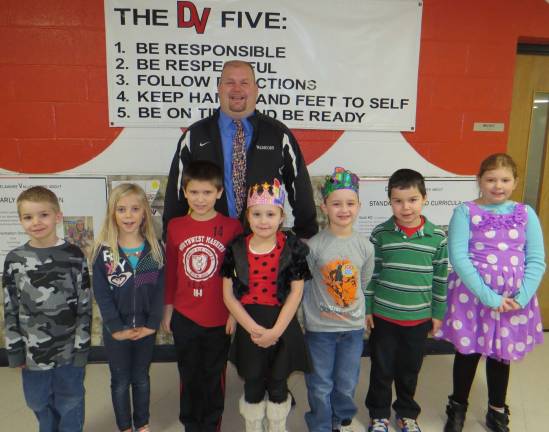 Top kids for January Second Grade Students of the Month: Noah Phillips, Andrea Boronow, Tyler Matteson, Ella Carroll, Dylan Lynch, Quinton Bermudez and Alina Kanet with DVES Principal Aaron Weston. Not pictured: Marissa Gates.