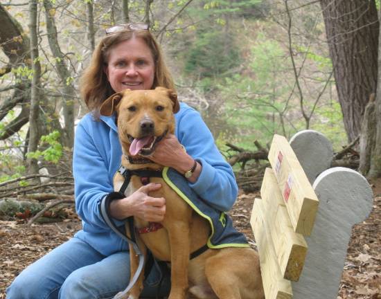 Eagle Scout candidate builds dog walk for humane society Shelter dog Chance enjoying one of the dog walk benches on the banks of the Neversink (Photo: D. Radtke)
