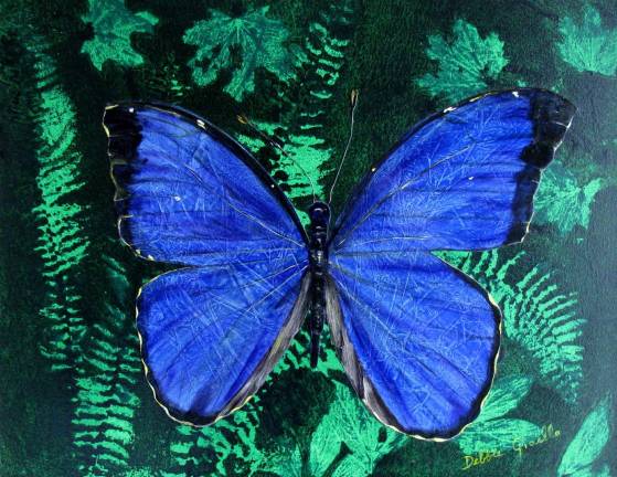 Realistic butterfly paintings coming to Milford Debbie Gioello, “Morpho Didius Butterfly,” mixed media.