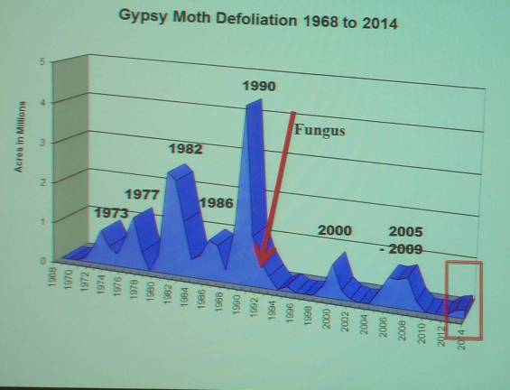 This chart tracking gypsy mouth defoliation since the 1960s was presented by Scott Stitzer, a pest management specialist with the state.