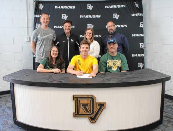 L-R Front Row: Grace Corcoran, Alexander Corcoran, and Ryan Corcoran. L-R Back Row: Assistant tennis coach Jim Salus, head tennis coach Kevin Quinn, guidance counselor Crystal Ross, and high school Principal Lou DeLauro.