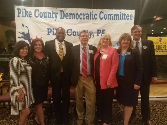 Supreme Court Justice highlights Pike Dems dinner Pictured from left: Judge Maria McLaughlin, Superior Court Candidate; Judge Ellen Ceisler, Commonwealth Court Candidate; Judge Dwayne Woodruff, Supreme Court Candidate; Jay Tucker, Pike Democratic Chairperson; Madame Justice Debra Todd, Supreme Court Retention Candidate; Judge Debbie Kunselman, Superior Court Candidate; and Judge Geoff Moulton, Superior Court Candidate. (Photo provided)