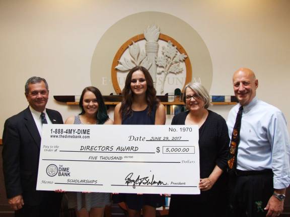 Dime Bank awards scholarships to local graduates From left: Dime Bank President and Chief Executive Officer Gary C. Beilman, Hope Bancroft, Mikenna Walsh, Board Director Jeanne Genzlinger, and Board Director John Kiesendahl (Photo provided)