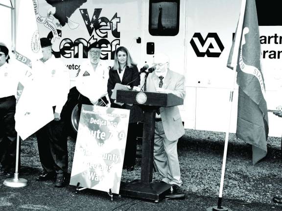 Route 739 is renamed Pike County Veterans Way John Kupillas hails fellow veterans from the podium (Photo by Jerry Goldberg)