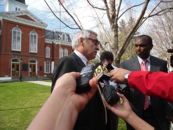 Frein trial will be in Pike, but jury will come from outside county Defense attorney Michael Weinstein talks to media outside the courthouse in Milford in April (Photo by Anya Tikka)