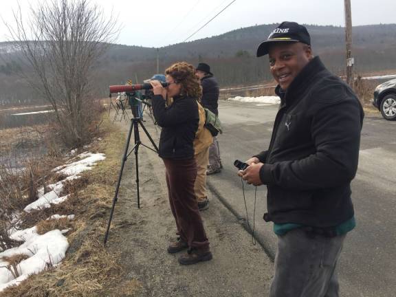 Birders follow spring migration at the Bashakill Paul Brooks (right) and Chenita Brooks take in the spring spectacular at the Bashakill (Photo by Linda Fields)