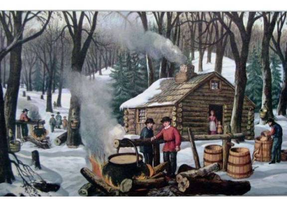 Gather around the fire and watch the maple sap boil "Maple Sugaring" by Currier & Ives