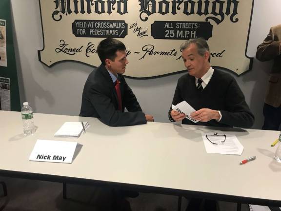 VIDEO: Full house turns out for candidates forum Photo by Molly Colgan Milford Borough mayoral candidates Nick May and Sean Strub converse before the forum.