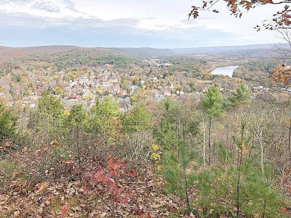 The beautiful view is back, revealing Milford Borough and the hills and river beyond. You can hike there from the Milford Knob Trailhead on Route 209 in the Delaware Water Gap National Recreation Area (1.4 miles) or from the Hackers Trailhead on Raymondskill Road (2.7 miles).