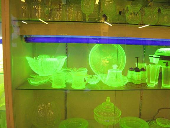 Vaseline glass is a little-known treasure Vaseline glass being displayed in his many blacklighted show cases at the Hawley Antique Exchange. There are 22 blacklighted display cases seven feet high by four feet wide in the lower level of the building.