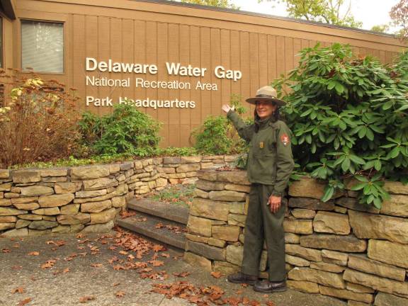 Shutdown story emerges with park's re-opening Public information officer Kathleen Sandt is happy to be back at work on Thursday, as the Delaware National Water Gap Water Gap Recreation Area re-opens. (Photo by Jerry Goldberg)