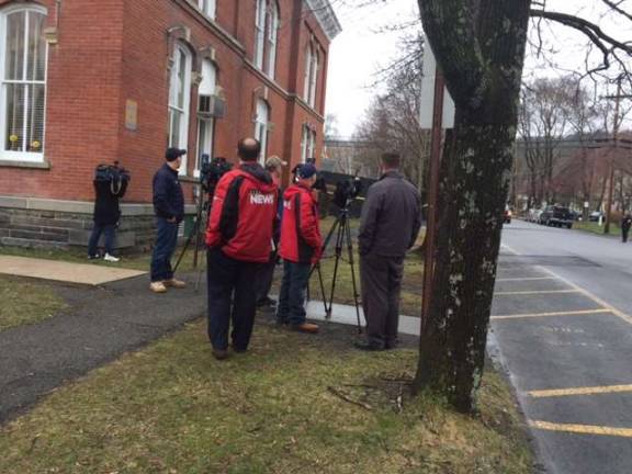 How much did the Frein case cost? Media at the Pike County Courthouse at the start of the Eric Frein trial (Photo by Marilyn Rosenthal)