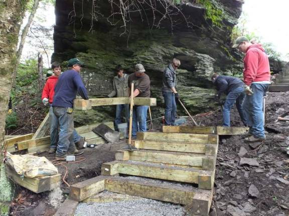 A safe walk in the woods, thanks to aspiring Eagle Scout Sweat equity: Volunteers build steps at Shohola Falls (Photo by George Leroy Hunter)