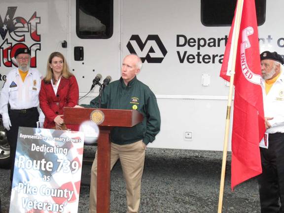 Route 739 is renamed Pike County Veterans Way Harry Forbes of Gov. Corbetts' office. (Photo by Jerry Goldberg)
