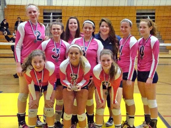 Whoosh Bowl first place Delaware Valley's Clarissa Dube, standing left is continuing her winning volleyball.