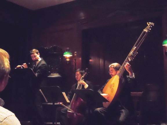 Baroque music at Grey Towers Photos by Anya Tikka Ancien Regime Baroque Trio performs in Grey Towers Great Room. From left David Ross on transverse flute, Arnie Tanimoto on viola la gamba, and Daniel Swenberg on theorbo.