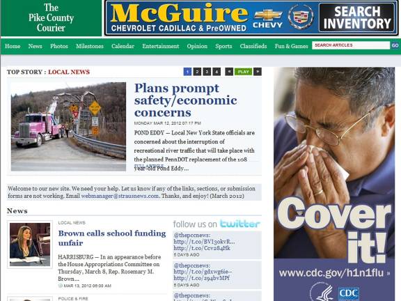 The re-designed Pike County Courier debuts online The online Pike County Courier has a new look and new features. Check it out at www.pikecountycourier.com .