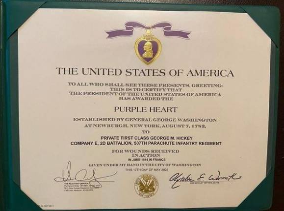 The official certificate: George M. Hickey, Purple Heart recipient.