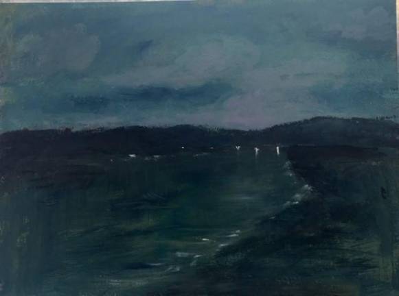 Darkness at the Edge of Town, a new painting by Eileen Curtis Israel, expresses the artist's anxiety about the COVID-19 crisis and living with type 1 diabetes and celiac disease. Still, a small scattering of lights in the distance hints at hope on the horizon. (Gouache on board.)