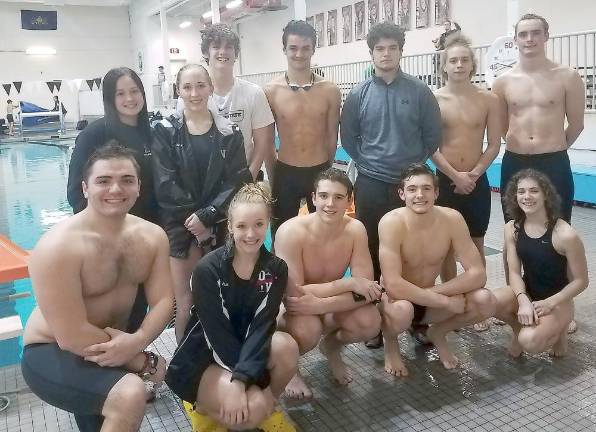 The Delaware Valley Varsity swimming and diving seniors, bottom row (from left): Robert Riccio, Shannon Deignan, Damian Baranowski, Luke Stevens, Jilian Cruz; top row: Morgan Liebson, Taylor Ristaino, Jack Lutfy, Brandon Ciralli, Joel Loomis, Izaiah Berrios, Aedan Walter