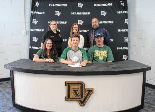 L-R Front Row: Grace Corcoran, Alexander Corcoran, and Ryan Corcoran. L-R Back Row: Swimming coach Chelsea Shatt, guidance counselor Crystal Ross, and high school Principal Lou DeLauro.